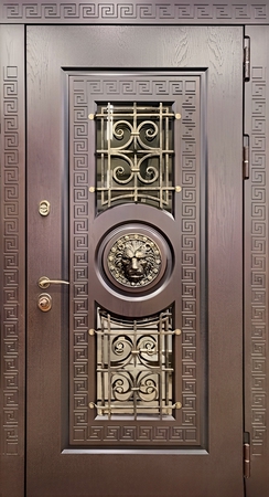 Термодверь со стеклом и решеткой и декором "Лев" под бронзу Термодверь со стеклом и решеткой и декором "Лев" под бронзу