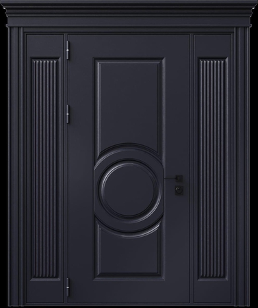 Входная термодверь с металлофиленкой, вставками по бокам, карнизом и порошковым напылением RAL 7016 (тип №1)